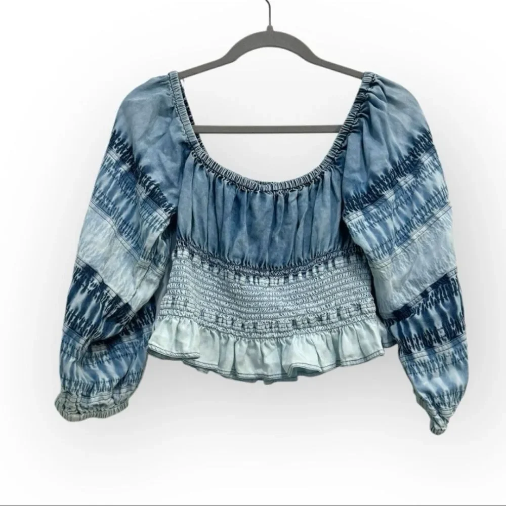 Anthropologie Pilcro Smocked Peasant Top – Blue/White Tie-Dye – Size Small - Picture 4 of 8